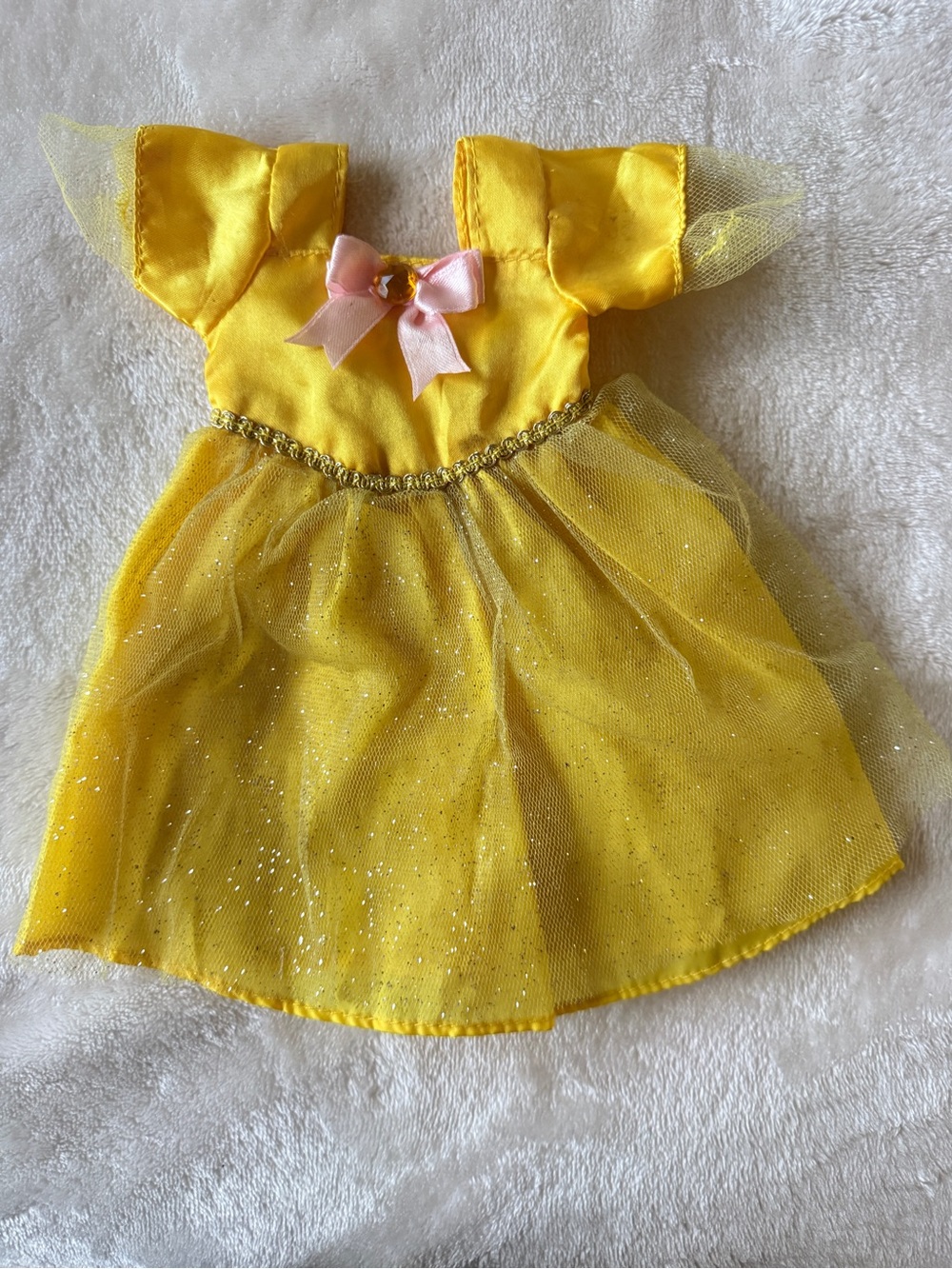 Princess doll dress yellow satin sheer glitter tulle flutter sleeves skirt